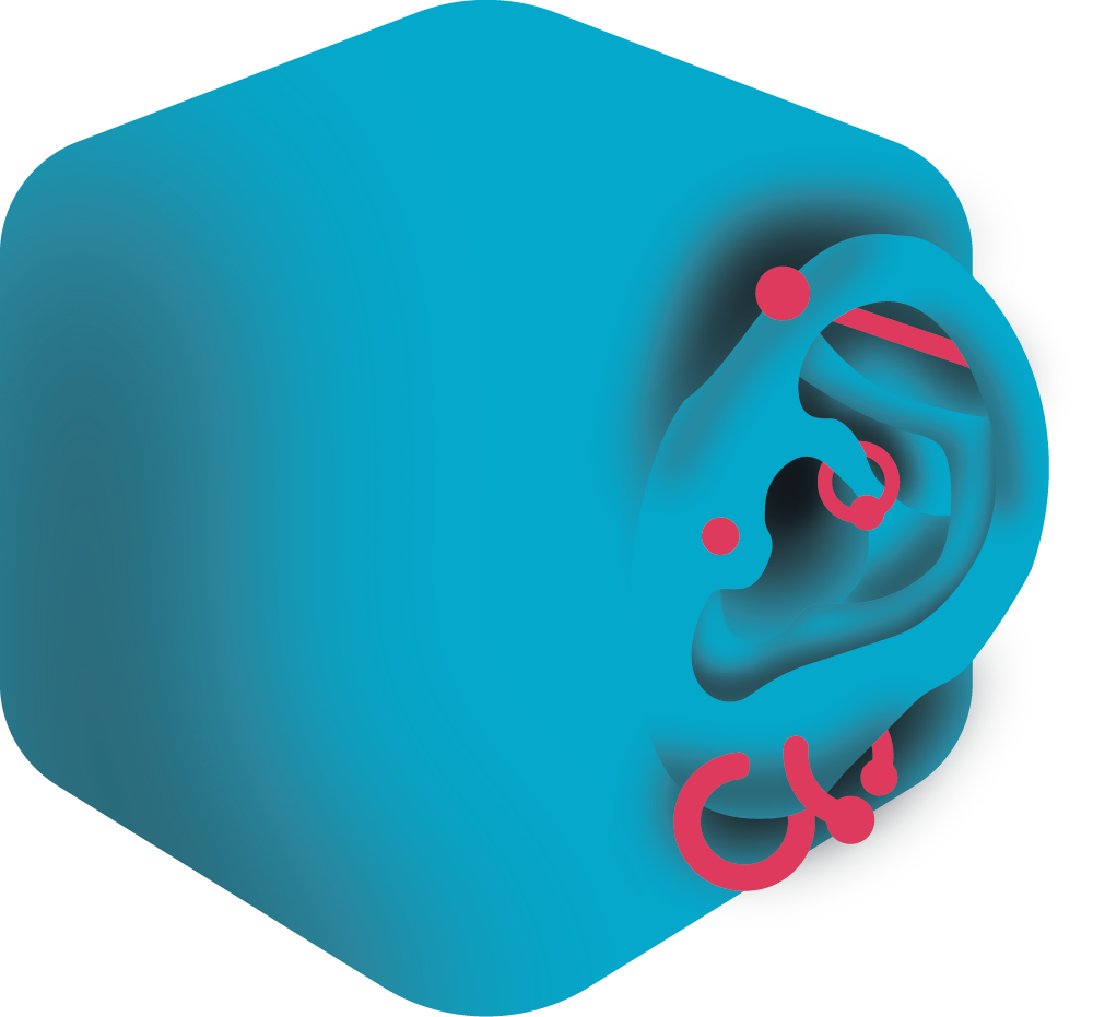 A cube with a pierced ear protruding from its form.