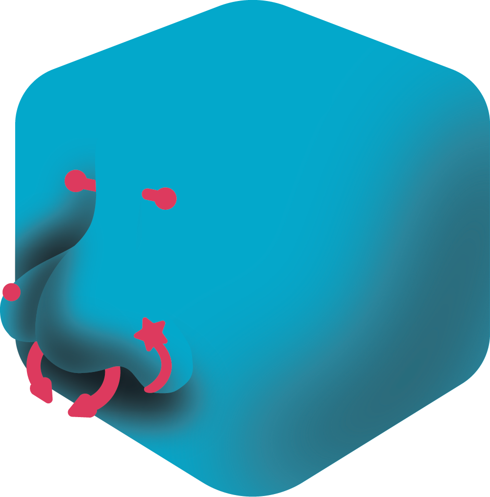 A cube with a pierced nose protruding from its form.